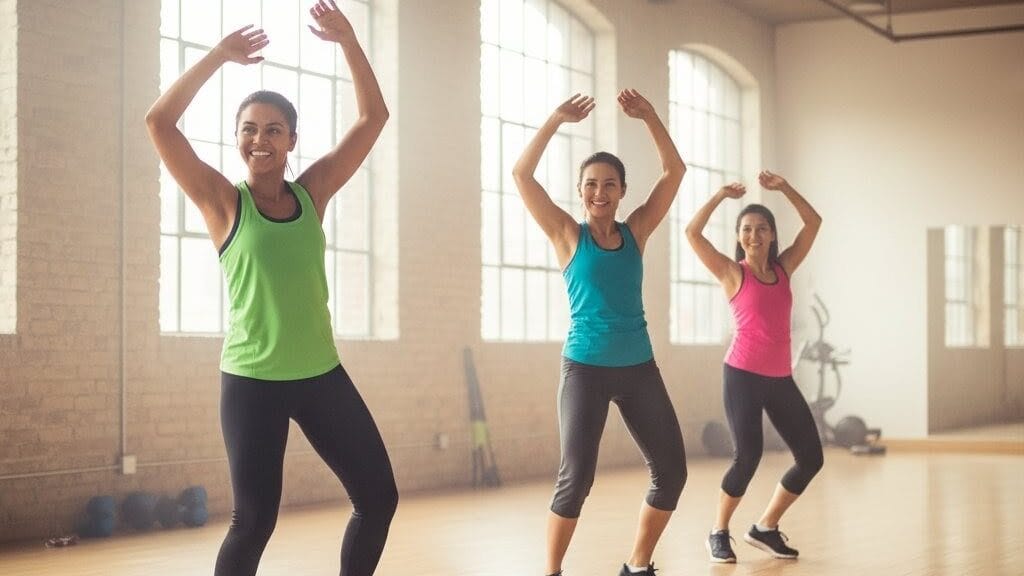 Three women smiling while performing synchronized dance fitness moves in a bright, spacious studio with large arched windows.