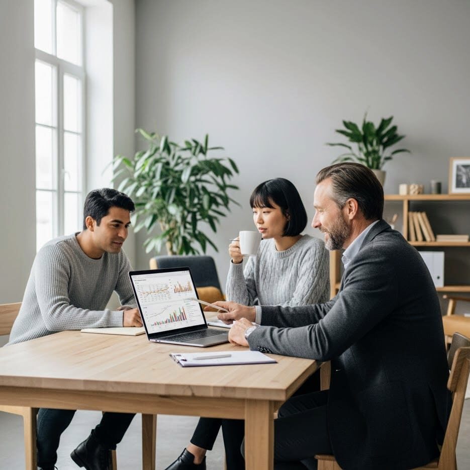 Tre kolleger i rolig samtale om økonomi og årsafslutning på et lyst, skandinavisk kontor.