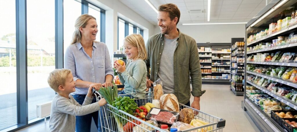 Dansk familie på indkøb og daglige udgifter