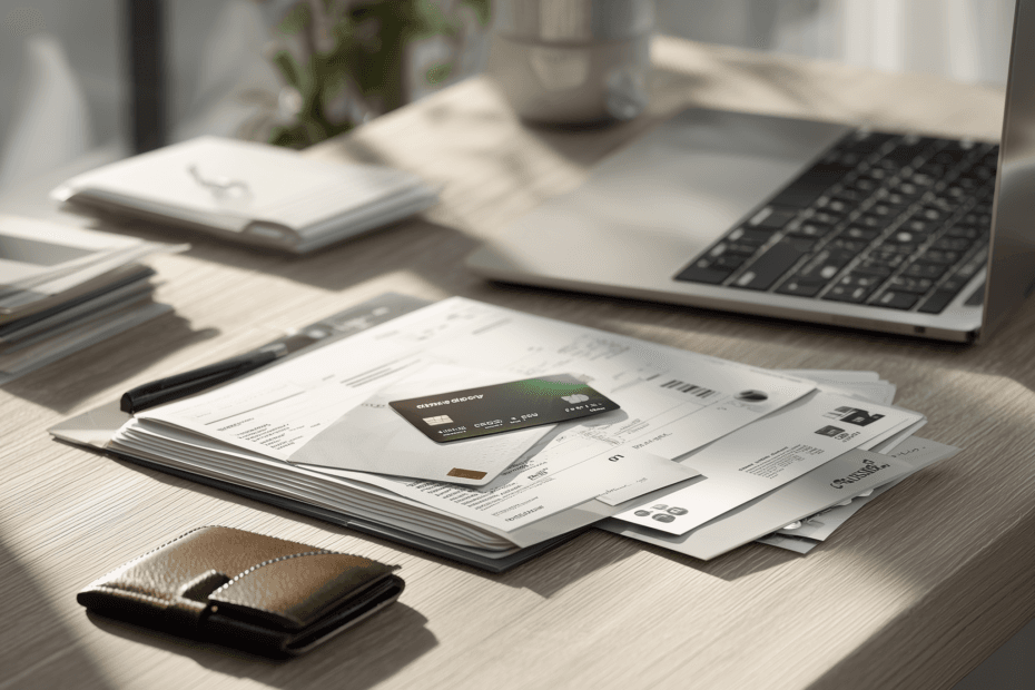 Company card and private wallet separated on a Scandinavian office desk